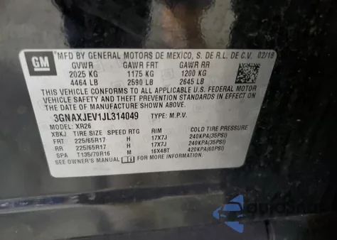 2018 Chevrolet Equinox Lt from USA, damaged, VIN 3GNAXJEV1JL314049